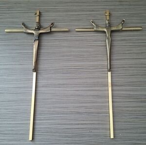 Vintage Set Of 2 Wall Decor Hanging Brass Jesus Cross Crucifix Religious 10"